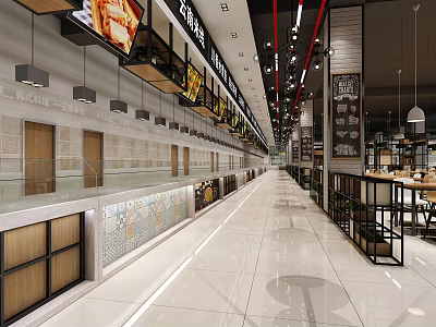 Spacious Food Court Interior With Long Display Counters Hanging Lights And Seating Areas 3d model