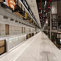 Spacious Food Court Interior With Long Display Counters Hanging Lights And Seating Areas