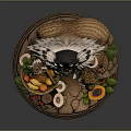 Native American Statue With Feathered Headdress Spear Leopard And Fruit Basket