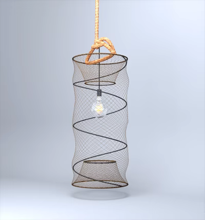 Modern Spiral Metal Mesh Chandelier With Woven Top Decoration And Light Bulb 3d model