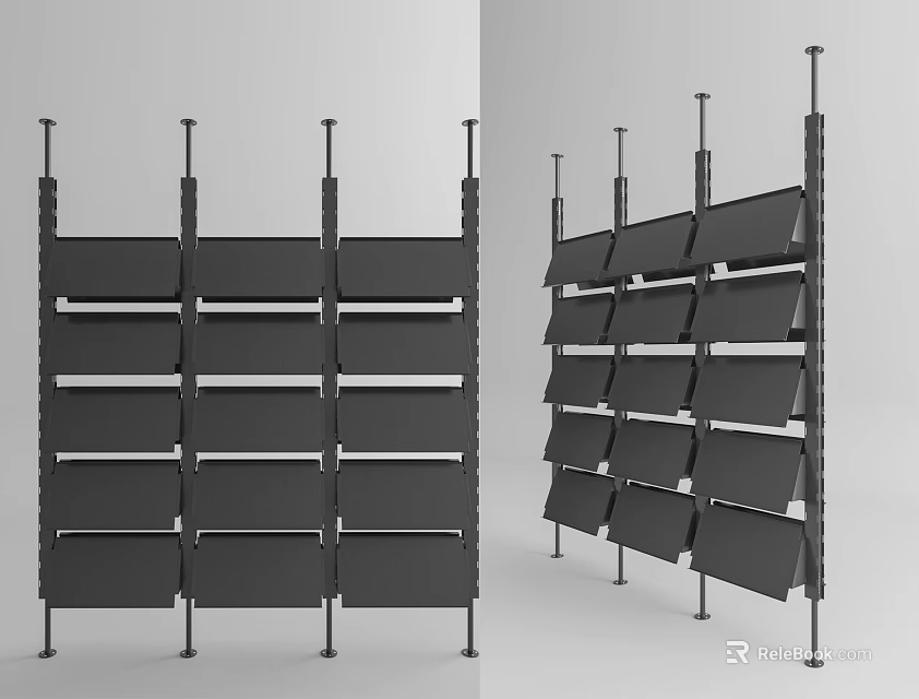 Modern Black Bookcase With Metal Frame And Multiple Open Storage Shelves 3d model 