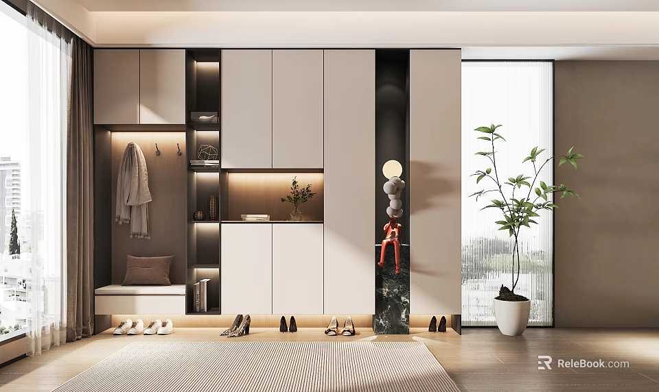 Modern Shoe Cabinet With Integrated Storage Seating And Greenery 3d model 