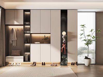 Modern Shoe Cabinet With Integrated Storage Seating And Greenery 3d model