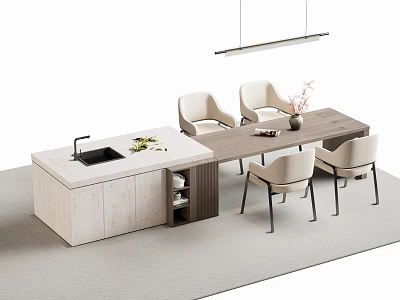 Modern Minimalist Bar Counter With Wooden Top Beige Chairs And Pendant Light 3d model