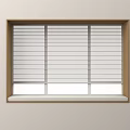 White Blinds Installed In Window With Wooden Frame On Beige Wall And Windowsill