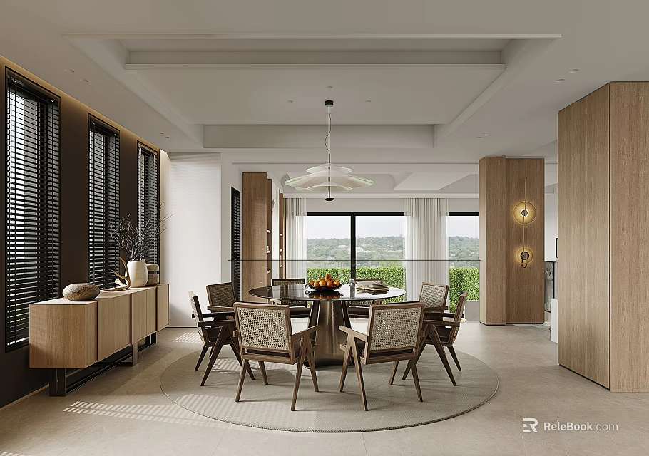 Modern Dining Room Interior With Round Table Wooden Chairs Pendant Light And Large Windows 3d model 