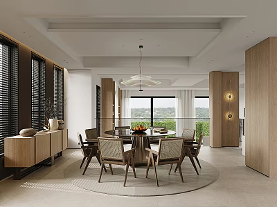 Modern Dining Room Interior With Round Table Wooden Chairs Pendant Light And Large Windows 3d model
