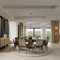 Modern Dining Room Interior With Round Table Wooden Chairs Pendant Light And Large Windows