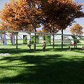 Curved Outdoor Feature Wall In Park With Orange Trees Green Lawn And People