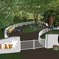 Kids Playground With White Fence Circular Path Tire Log Stumps Green Trees And Birdhouse