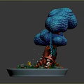 Miniature Plant Landscape With Blue Canopy Red Trunk Mushroom Green Grass And Stones