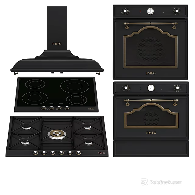 Black Kitchen Appliances With Range Hood Induction Cooktop Gas Stove And Ovens 3d model 