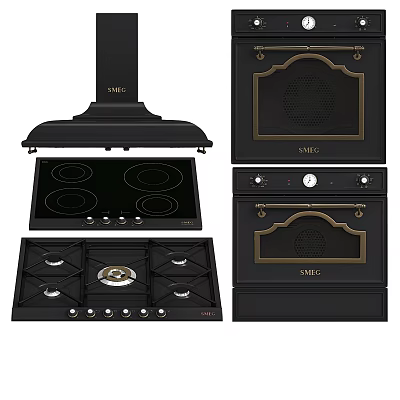 Black Kitchen Appliances With Range Hood Induction Cooktop Gas Stove And Ovens 3d model