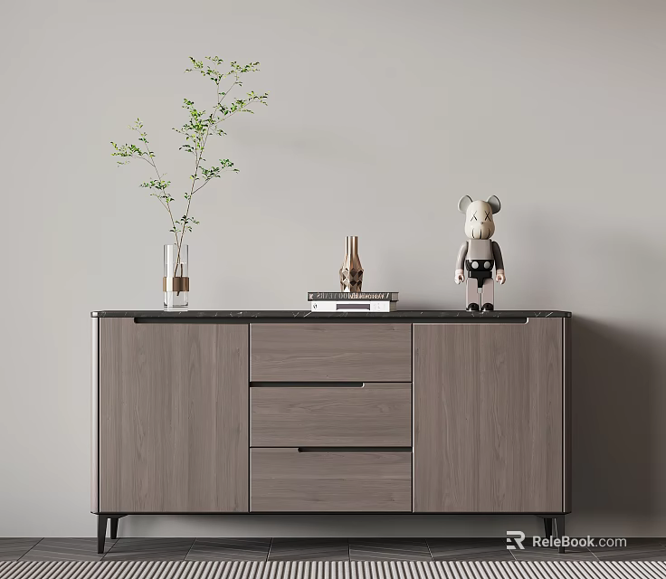 Modern Gray Entryway Cabinet Sideboard With Green Plant Books Decorative Items And Bear Figurine 3d model 