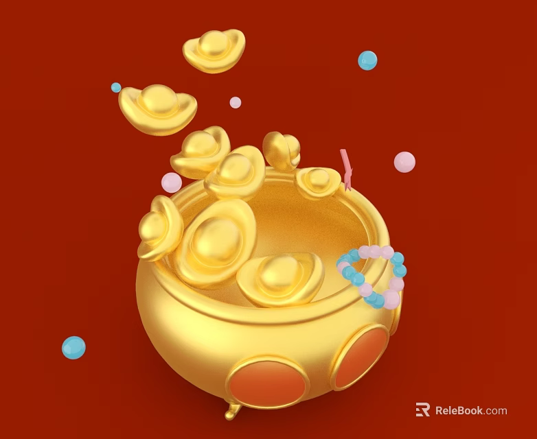 Golden Landscape Sculpture With Basin Gold Ingots And Colorful Beads On Red Background 3d model 