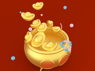 Golden Landscape Sculpture With Basin Gold Ingots And Colorful Beads On Red Background 3d model