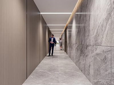 Modern Office Corridor Interior With Marble Walls Wooden Panels And Recessed Lighting 3d model
