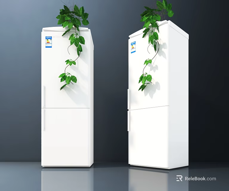 White Double Refrigerators with Green Vines Growing on Top and Brand Logo in Dark Background 3d model 