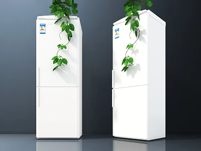 White Double Refrigerators with Green Vines Growing on Top and Brand Logo in Dark Background 3d model