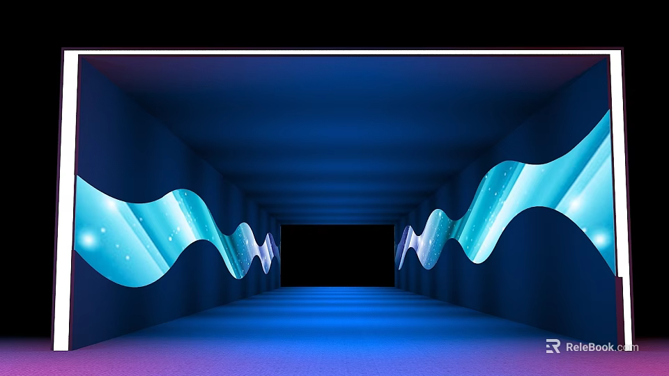 Blue And Purple Lit Tunnel With Wavy Illuminated Decorations On Sides 3d model 