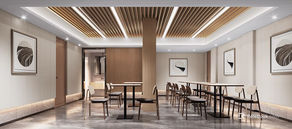 Modern Restaurant Interior With Open Design Wooden Elements Dining Tables And Ceiling Lights 3d model