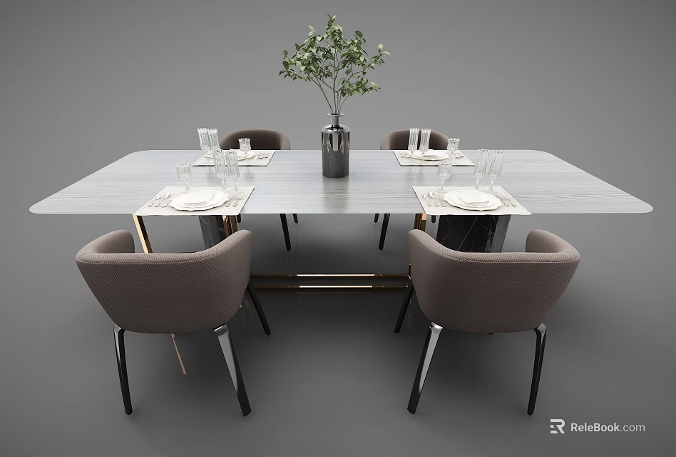 Modern Gray Dining Table Set With Chairs Vase Green Plant And Dinnerware Glasses 3d model