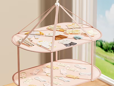 Small Baby Clothes Drying On Pink Double Layered Hanging Rack With Colorful Patterns 3d model