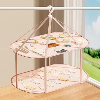 Small Baby Clothes Drying On Pink Double Layered Hanging Rack With Colorful Patterns 3d model