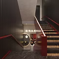 Modern Staircase Interior With Red Handrails Black Walls Marble Flooring And Warm Lighting