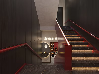 Modern Staircase Interior With Red Handrails Black Walls Marble Flooring And Warm Lighting 3d model