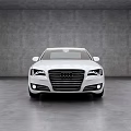 White Audi Luxury Sedan Parked In Minimalist Gray Interior With Skylight And Spacious Floor