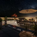 Starry Night Rooftop Garden Landscape with Outdoor Furniture Umbrella Plants and Modern Lighting