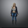 Woman With Blonde Long Hair Wearing Blue Jacket White Top Blue Jeans And Boots