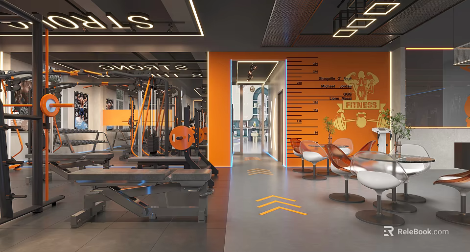 Modern Gym Interior Design With Fitness Equipment And Orange Accents 3d model 