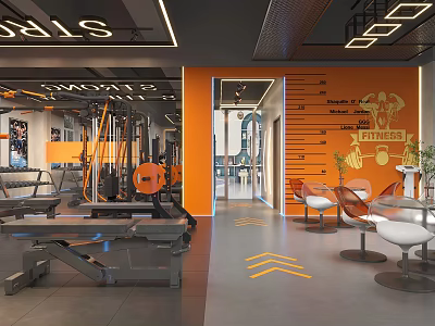 Modern Gym Interior Design With Fitness Equipment And Orange Accents 3d model
