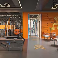 Modern Gym Interior Design With Fitness Equipment And Orange Accents