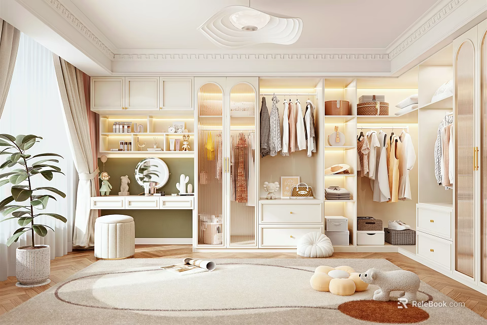 Bright Spacious Walk In Closet Interior With White Cabinets Hanging Clothes Mirror Stool And Rug 3d model 