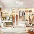 Bright Spacious Walk In Closet Interior With White Cabinets Hanging Clothes Mirror Stool And Rug