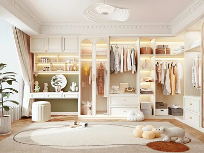 Bright Spacious Walk In Closet Interior With White Cabinets Hanging Clothes Mirror Stool And Rug 3d model