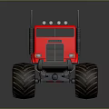 Red Monster Truck With Large Off Road Tires And Black Front Bucket