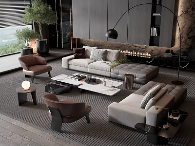 Modern Living Room Sofa Coffee Table Combination With Gray Upholstery Marble Top Accent Chairs And Green Plants 3d model