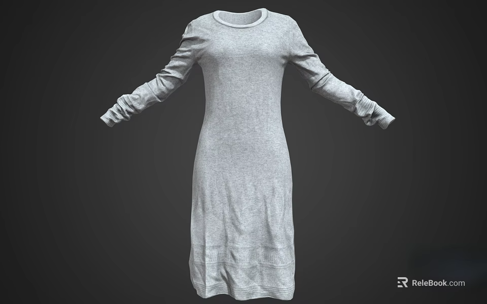 Gray Long Sleeve Casual Dress with Simple Design and Loose Fit 3d model 