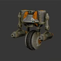 Futuristic Robot Character With Mechanical Wheel Arms Cameras And Orange Accents