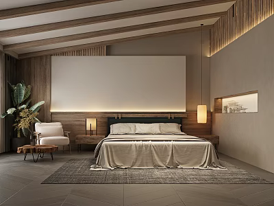 Hotel Guest Room With Wooden Ceiling Beams Large Bed Bedside Lamps And Armchair 3d model