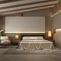 Hotel Guest Room With Wooden Ceiling Beams Large Bed Bedside Lamps And Armchair