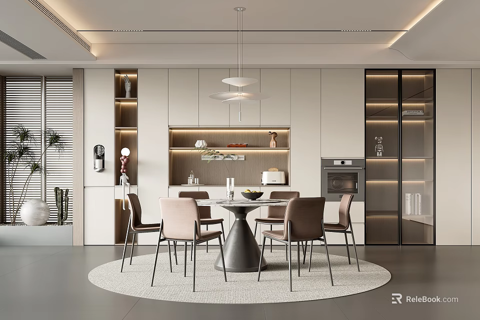 Elegant Modern Restaurant Dining Area With Round Table Chairs And Pendant Lights 3d model