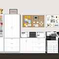 White Office Bookshelf in Organized Workspace with Drawers Trophies Bulletin Boards and Printers