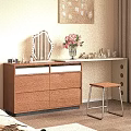 Wooden Dressing Table With Drawers Mirror Table Lamp Cosmetics Perfumes And Pink Flowers Near Curtains
