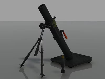 Black Military Mortar Weapon with Tripod Base and Orange Handle Barrel 3d model