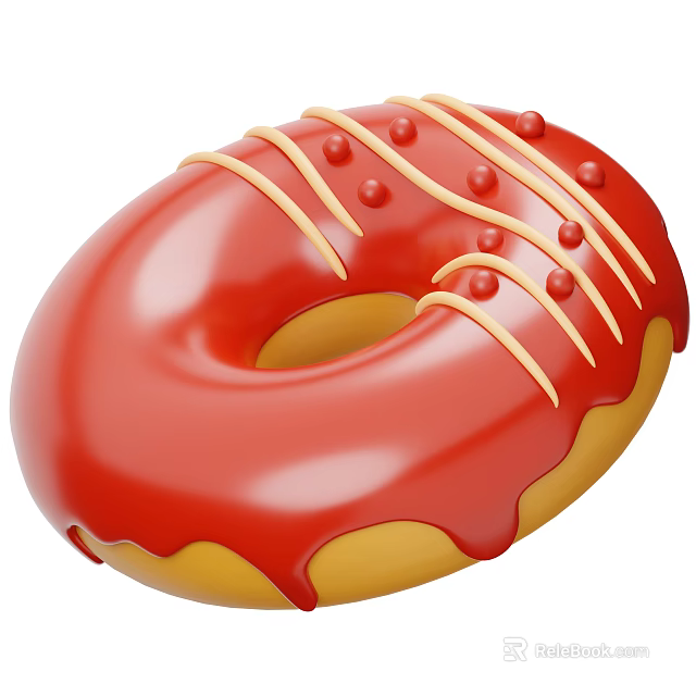 Appetizing Donut With Red Glaze Yellow Stripes And Red Dots 3d model 